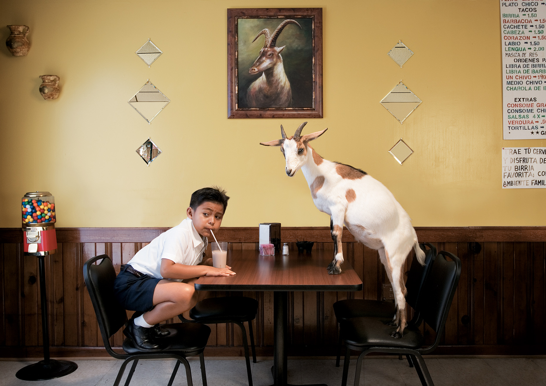 Boy with goat at a restaurant | Conceptual image by Saverio Truglia