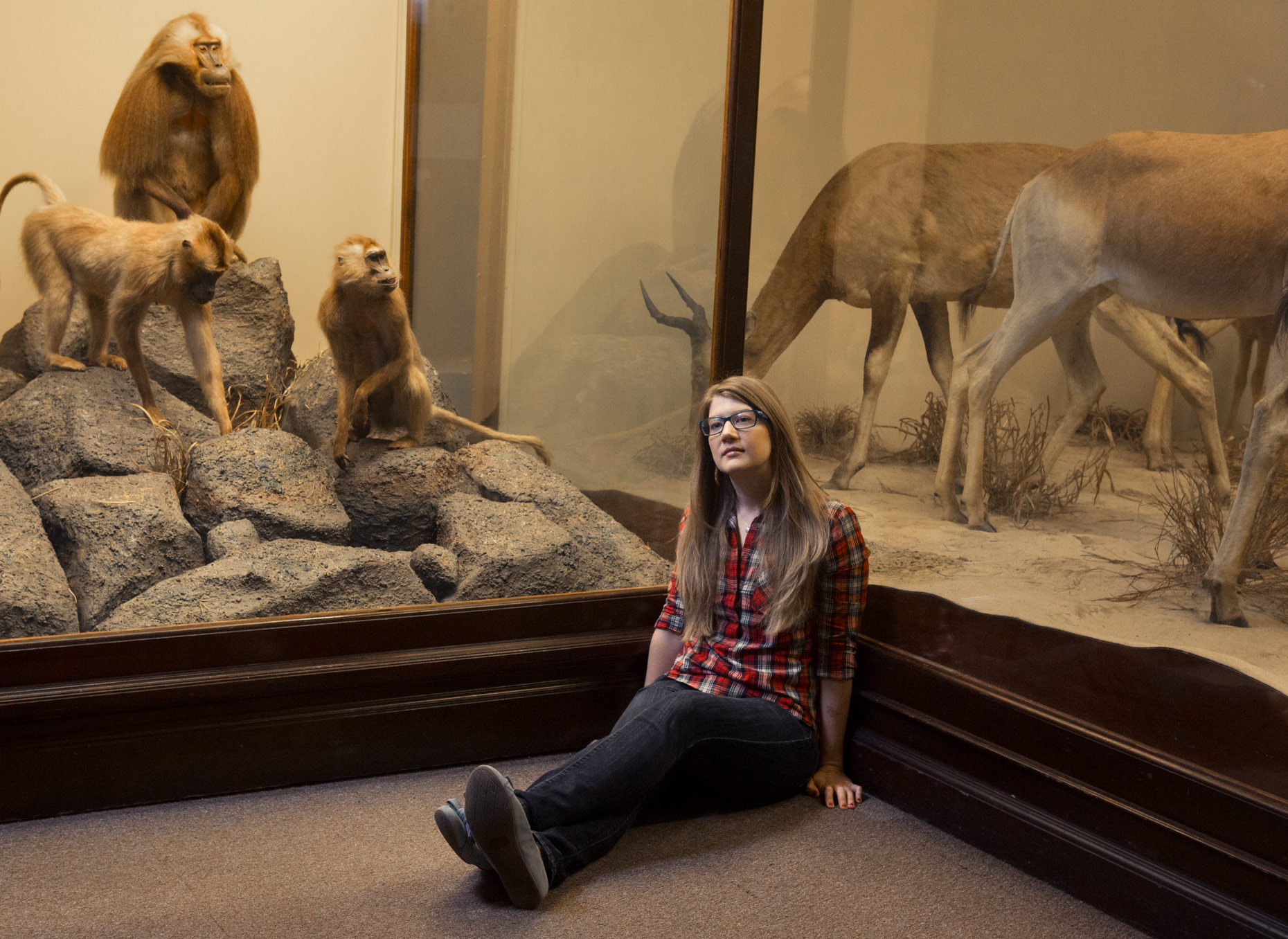 Woman seated among taxidermy in natural history museum | Conceptual Portrait by Saverio Trugila