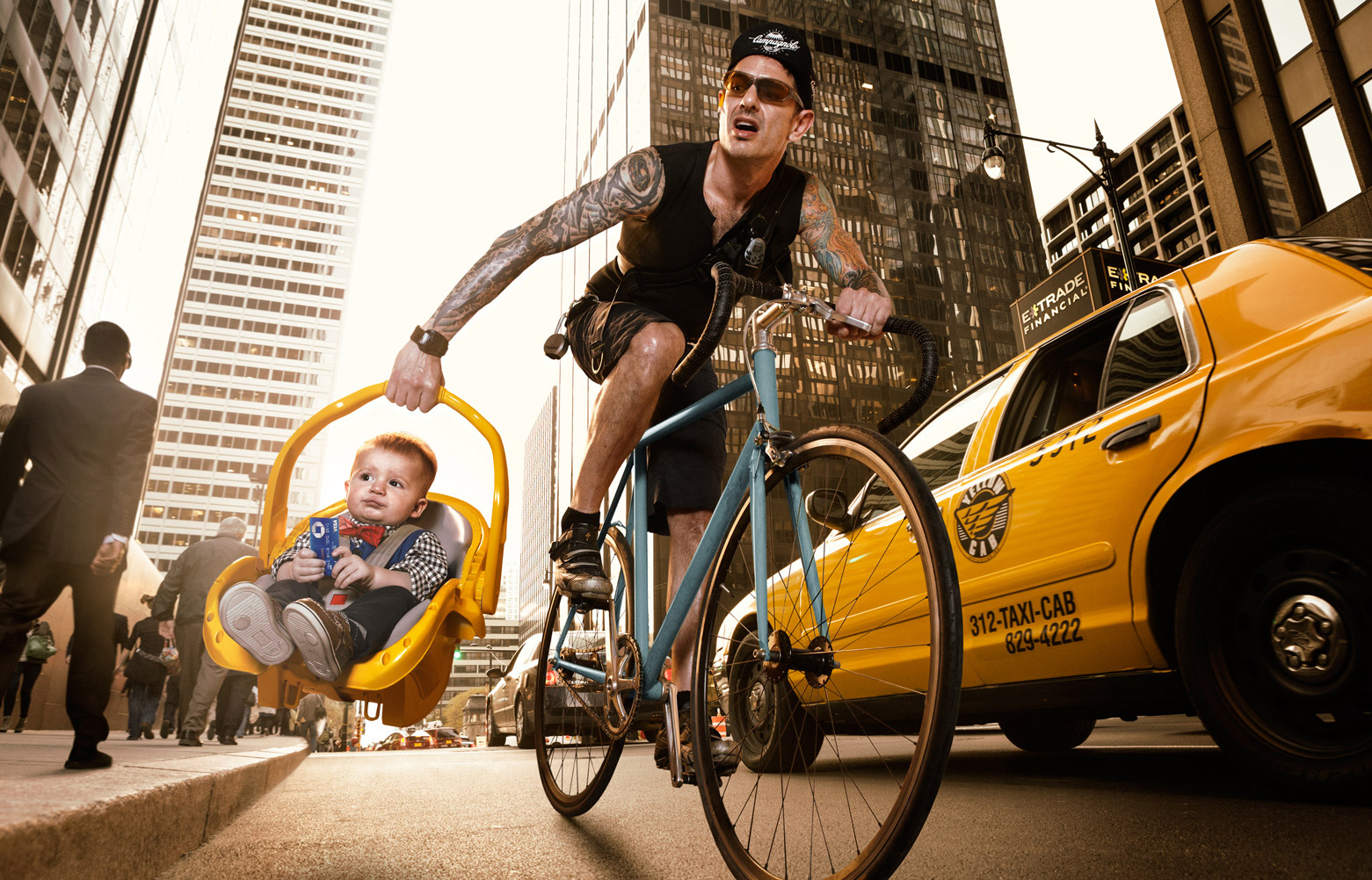 Humorous photograph of baby and bike messenger | Saverio Truglia